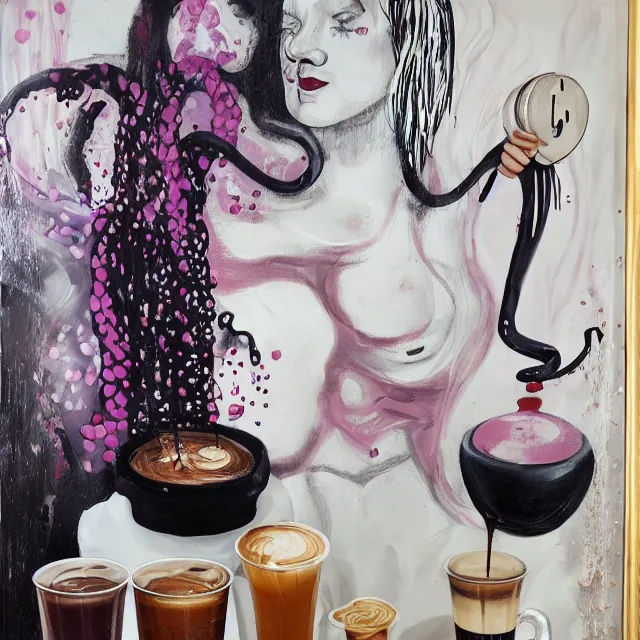 Image similar to sensual, a portrait in a female art student's bedroom, black walls, a woman drinking iced latte, pancakes, honey dripping, berries dripping, chocolate, surgical supplies, ikebana, octopus, neo - expressionism, surrealism, acrylic and spray paint and oilstick on canvas