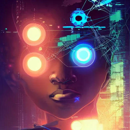 Image similar to afro - cyberpunk deities unseen amongst their creations, a society manifesting dreams with cosmic ancestral magic in a post - modern techno world | hyperrealistic oil painting | by makoto shinkai, ilya kuvshinov, lois van baarle, rossdraws, basquiat | afrofuturism, in the style of surrealism, trending on artstation | dark color scheme