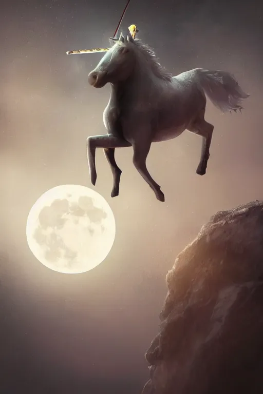 Image similar to sad Suicidal depressed unicorn man hangs himself from the moon, dramatic lighting, cinematic, establishing shot, extremely high detail, foto realistic, cinematic lighting, post processed, concept art, high details, cinematic, 8k resolution, beautiful detailed, photorealistic, digital painting, artstation, concept art, smooth, sharp focus, artstation trending, octane render, unreal engine