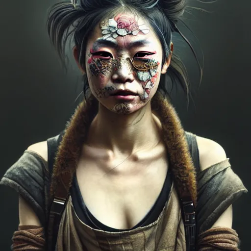 Prompt: portrait painting of a post - apocalyptic japanese lady with warpaint on her face wearing rusty samurai armor, ultra realistic, concept art, intricate details, eerie, highly detailed, photorealistic, octane render, 8 k, unreal engine. art by artgerm and greg rutkowski and charlie bowater and magali villeneuve and alphonse mucha