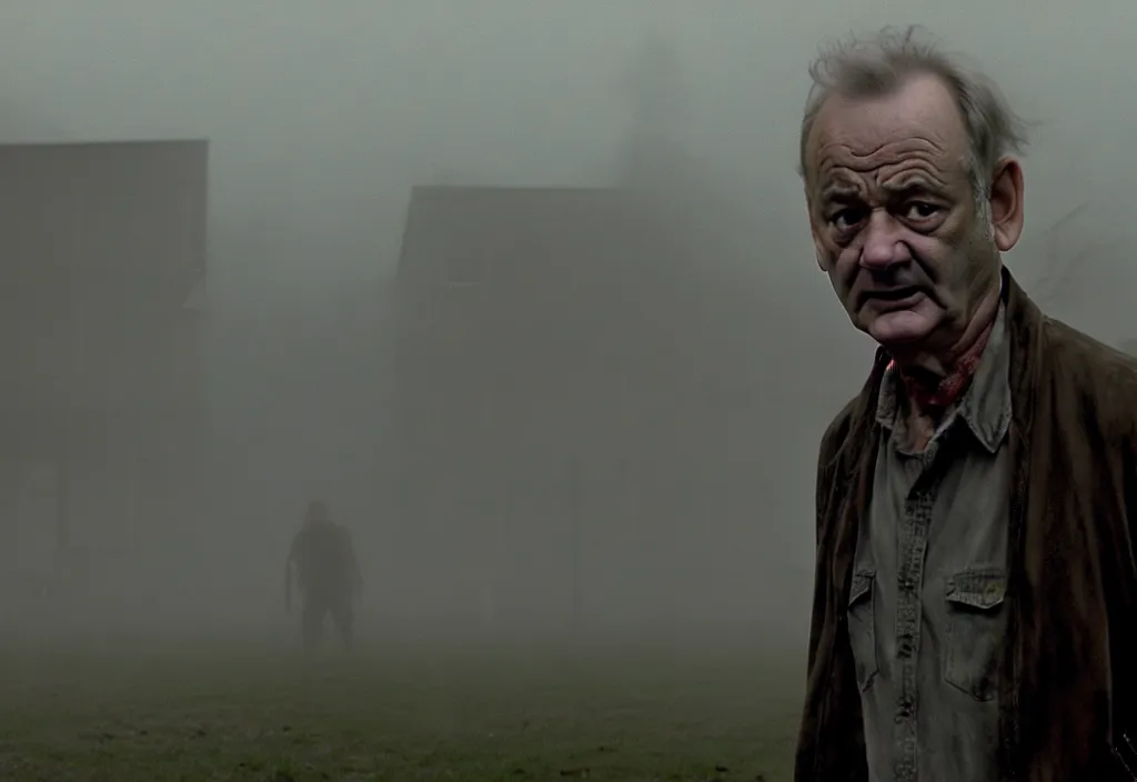 Image similar to cinematic movie still from the walking dead of bill murray as a zombie walking slowly toward the camera, misty dusk lighting, muted colours, cinematic lighting, ruined buildings,