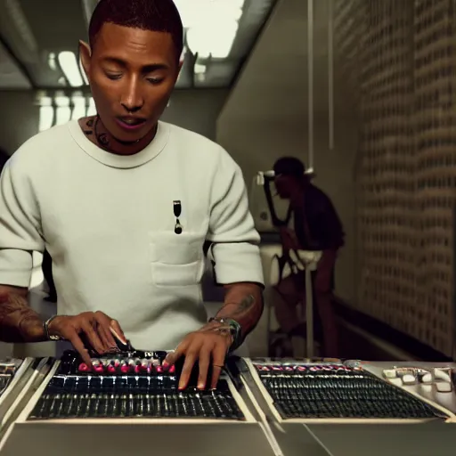 Prompt: cinematic sci-fi film still of Pharrell Williams Making A Beat with alien intelligence, Japanese VFX, 2018, 400mm lens, f1.8, shallow depth of field,film photography