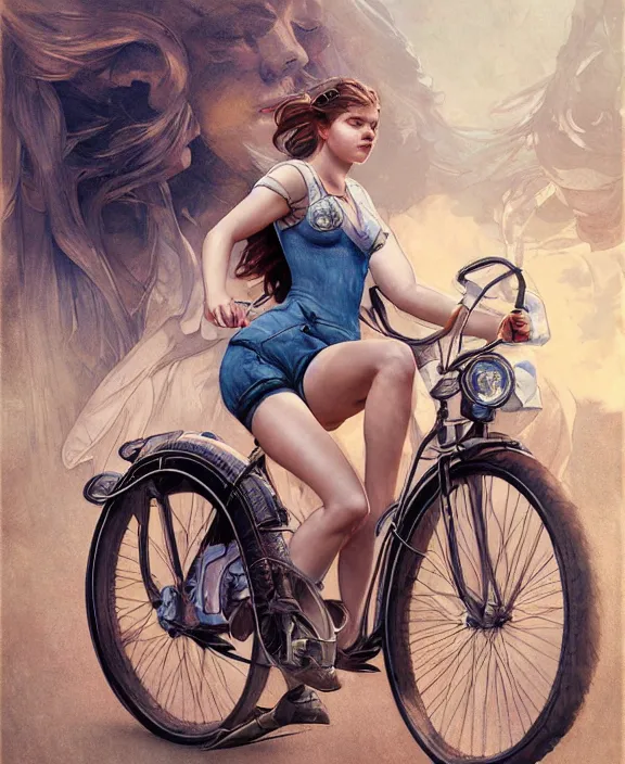 Image similar to portrait of barbara palvin in denim shorts riding a bicycle, full body, intricate, elegant, highly detailed, digital painting, artstation, concept art, art by artgerm and greg rutkowski and alphonse mucha