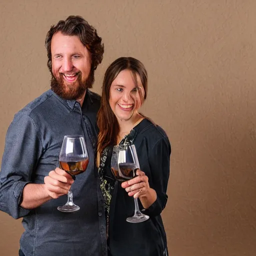 Prompt: two velociraptors smile toasting glass of wine, wide shot studio