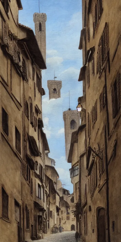 Image similar to florence old street in 1 6 th century with a tower in background by hiroshi yoshida, trending on artstation