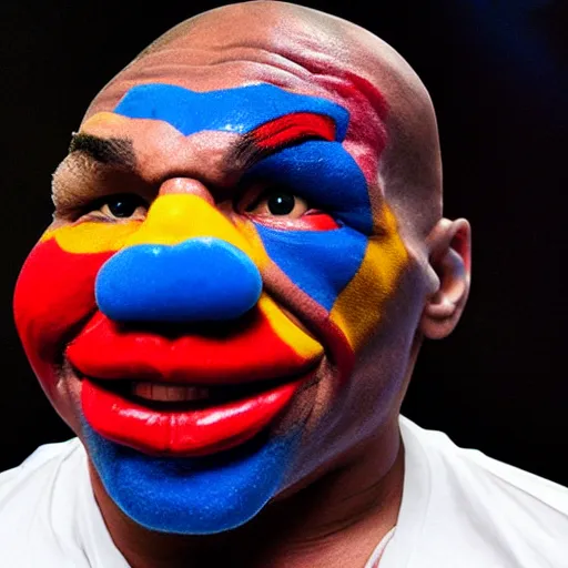 Image similar to UHD photorealistic Mike Tyson wearing a clown costume with real clown makeup by Miguel Vasquez