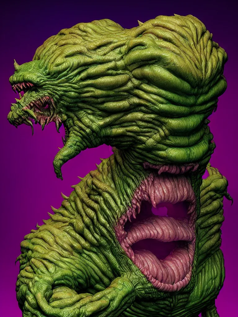 Image similar to hyperrealistic rendering, fat cronenberg flesh monster smooth kaiju by art of skinner and richard corben and jeff easley, product photography, action figure, sofubi, studio lighting, colored gels, rimlight, backlight