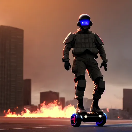 Image similar to An Armored soldier riding a hoverboard with several buildings on fire behind him, cinematic lighting, highly detailed, 8k octane render