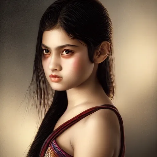 Prompt: beautiful assamese early teen girl ; portrait by artgerm and tom bagshaw ; trending on artstation ; award winning, cinematic natural dramatic lighting, studio photography by annie leibovitz
