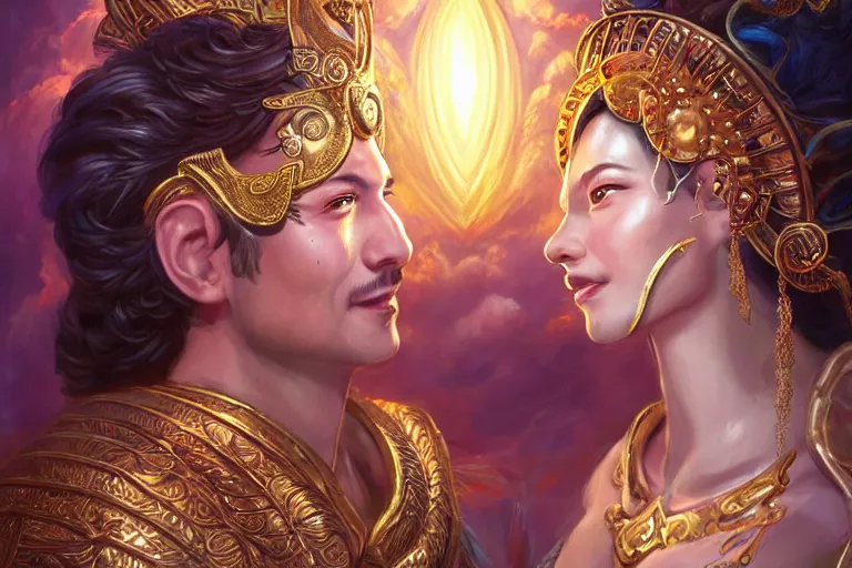 Image similar to close up moment of a divine a sun god and a moon goddess lovers magician at a wedding banquet, highly detailed, d & d, fantasy, highly detailed, digital painting, trending on artstation, concept art, sharp focus, asian feature, illustration, art by artgerm and daniel gerhartz and magali villeneuve