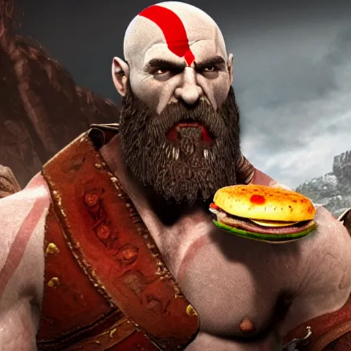 Image similar to kratos from god of war eating a cheeseburger