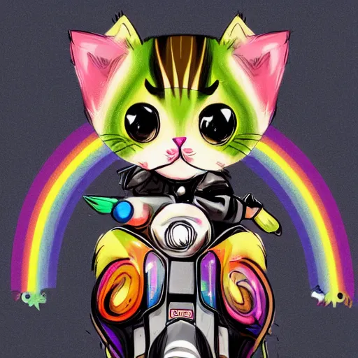 Image similar to wide angle full body, jacket wearing fluffy cute rainbow kitten wearing a black leather motorcycle jacket, riding on a motorcycle, cinematic concept art