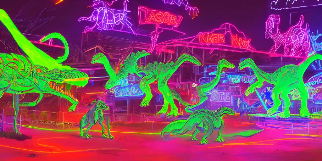 Image similar to neon laser dinosaurs at the county fair by makoto shinkai