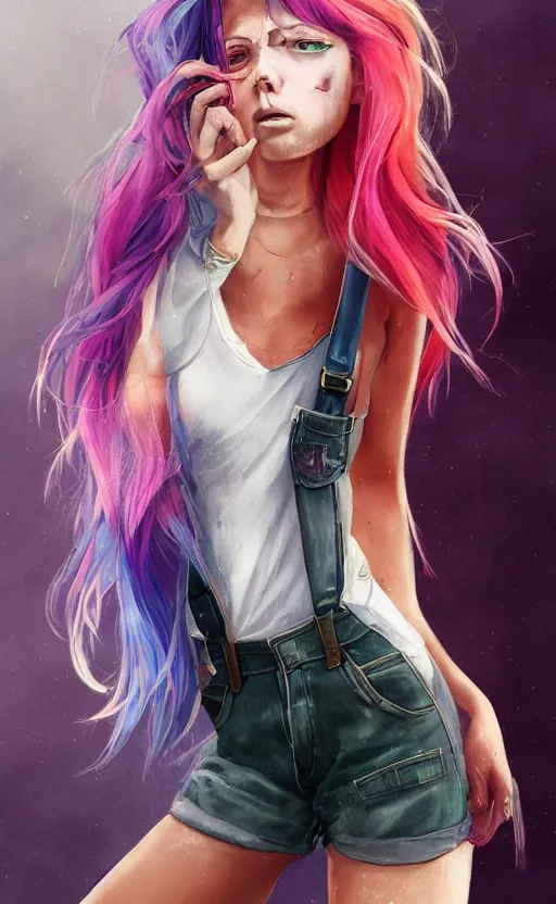 Prompt: a woman with rainbow hair, drunk, angry, soft eyes and narrow chin, dainty figure, long hair straight down, torn overalls, short shorts, combat boots, basic white background, side boob, symmetrical, single person, style of by Jordan Grimmer and greg rutkowski, crisp lines and color,