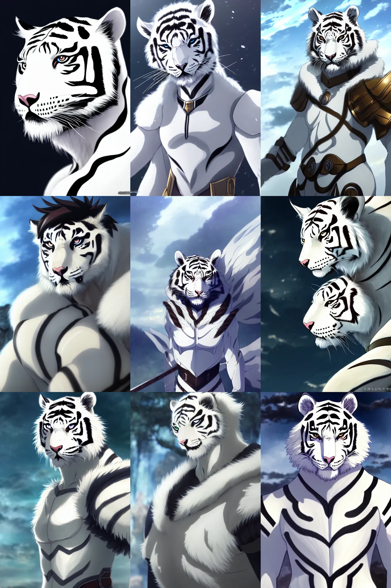 Image similar to white tiger with armor, fursona, anthro, young boy, anime key visual, detailed armor, detailed white fur, makoto shinkai, portrait