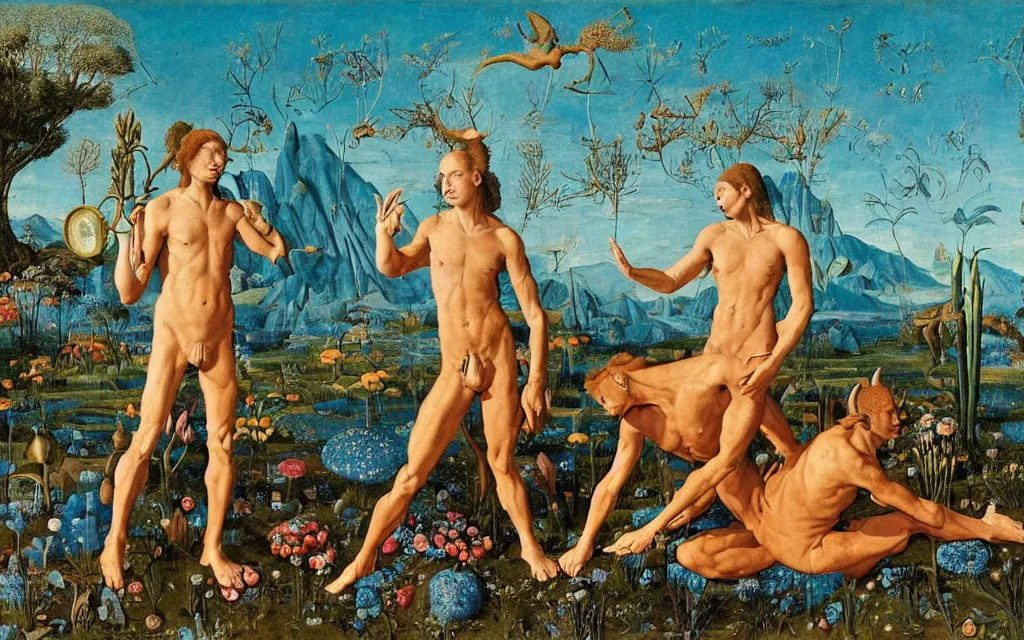 Image similar to a portrait photograph of a meditating satyr and a centaur monk riding a rocket machine and hunting at a river delta. surrounded by bulbous flowers and trees. mountain range under a blue sky of fiery stars. by jan van eyck, max ernst, ernst haeckel, ernst fuchs and artgerm, cgsociety, fashion editorial, 8 k