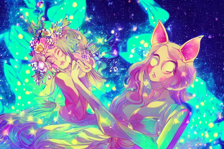 Image similar to psychedelic, whimsical, anime, 4k, beautiful seductive woman with fox ears smoking weed, with professional makeup, long trippy hair, a crystal and flower dress, sitting on a reflective pool, surrounded by gems, underneath the stars, rainbow fireflies, trending on patreon, deviantart, twitter, artstation, volumetric lighting, heavy contrast, art style of Greg Rutkowski and viktoria gavrilenko and Ross Tran