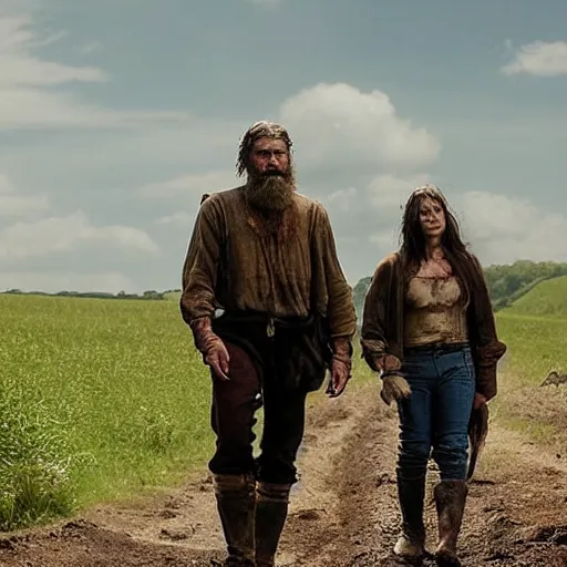 Prompt: medieval setting, tall farmer, muscular, stoic face, grizzled beard, with small teenage daughter with black hair, pale skin and birthmark on pretty face, walking a few fee behind him, walking along muddy road towards a village in the distance, cloudless blue sky, still from film, cinematic, mid shot