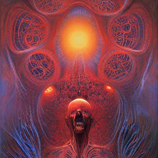 Image similar to the cosmic fractal core that underlies the universe illuminated by the screaming souls of the dead, by Gerald Brom and Zdzisław Beksiński