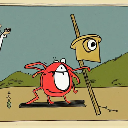 Prompt: cartoon crab holding a bindle stick hitchhiking bill Watterston