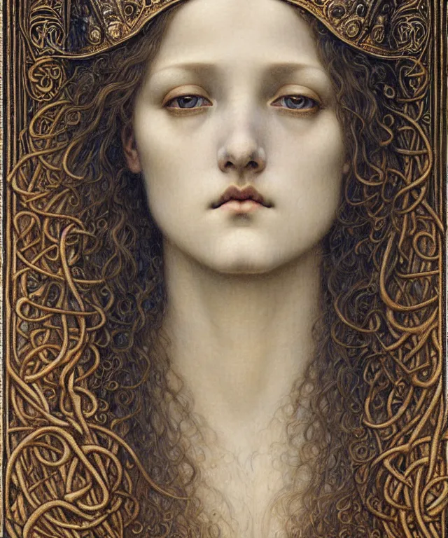 Image similar to detailed realistic beautiful young medieval queen face portrait by jean delville, gustave dore and marco mazzoni, art nouveau, symbolist, visionary, gothic, pre - raphaelite. horizontal symmetry