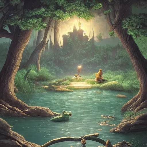 Prompt: A fantasy scene where an old frog with a greybeard who is holding himself with a staff. He walks across the enchanted lake, The scene is covered with rocks and glowing fireflies at night, Artstation, Hiroaki Tsutsumi style