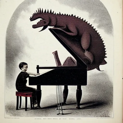 Image similar to antique lithograph from 1 9 0 0 of red stegosaurus, playing a piano