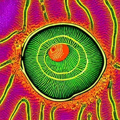 Image similar to plant cell being eaten by nematode worms, microscopy, microscope, psychedelic, halftone, science, scientific, journal