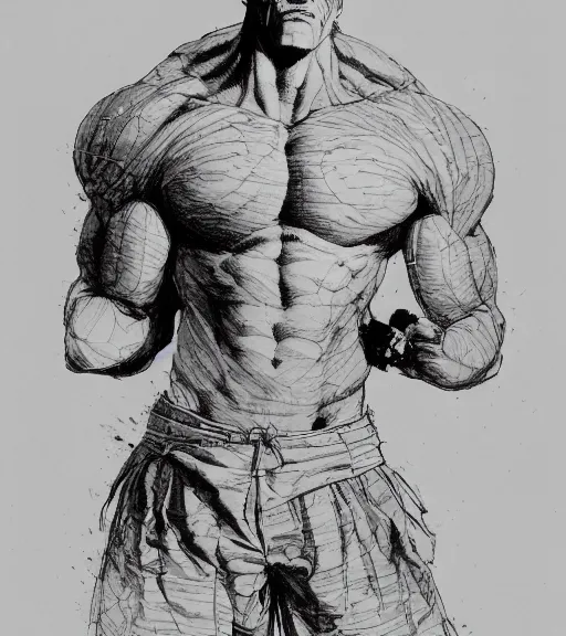 Image similar to portrait of anime baki the grappler in shorts, pen and ink, intricate line drawings, by craig mullins, ruan jia, kentaro miura, greg rutkowski, loundraw