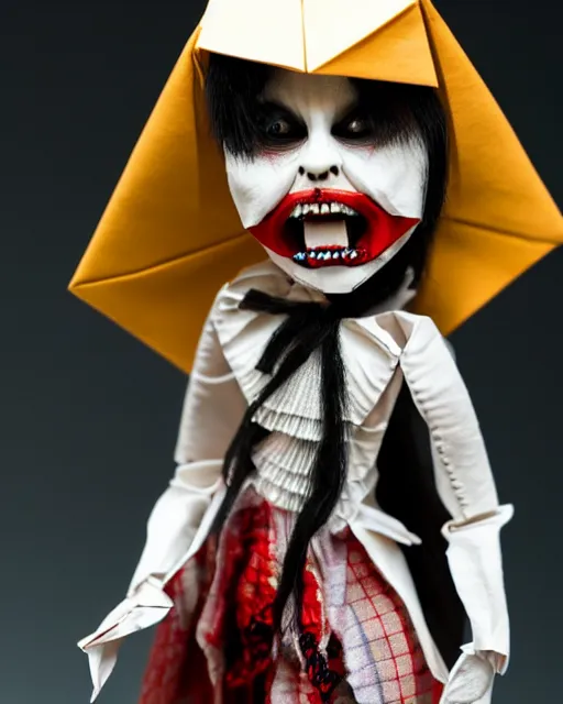 Image similar to an origami scary doll by akira yoshizawa, realistic, very detailed, complex, intricate, studio lighting, bokeh, sigma 5 0 mm f 1. 4