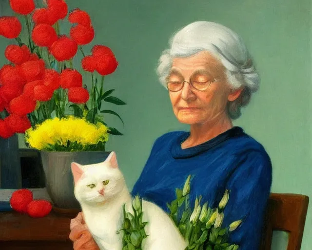 Prompt: detailed portrait of a peaceful old lady and her cat made out of flowers, Edward Hopper, sharp high quality