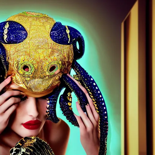 Prompt: close up of a female fashion model in year 3000 in art-deco entrance hall, model wearing a huge surreal Avant-garde helmet that looks like an octopus colored gold, photography , official Versace editorial , highly detailed