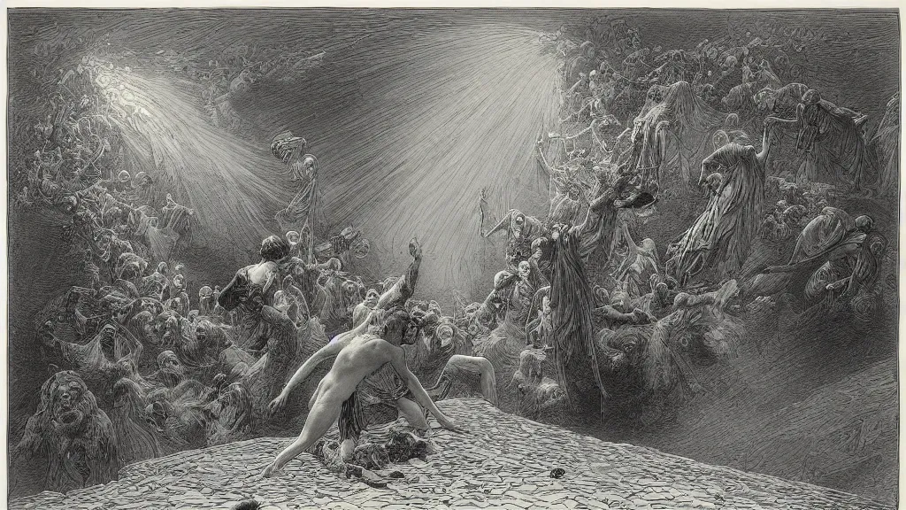 Image similar to ( at my feet mysterious chaos breaks, abrupt, immeasurable ) in the style of gustave dore, max klinger ( 1 8 5 7 - 1 9 2 0 ), sidney h. sime, 1 8 6 0 s