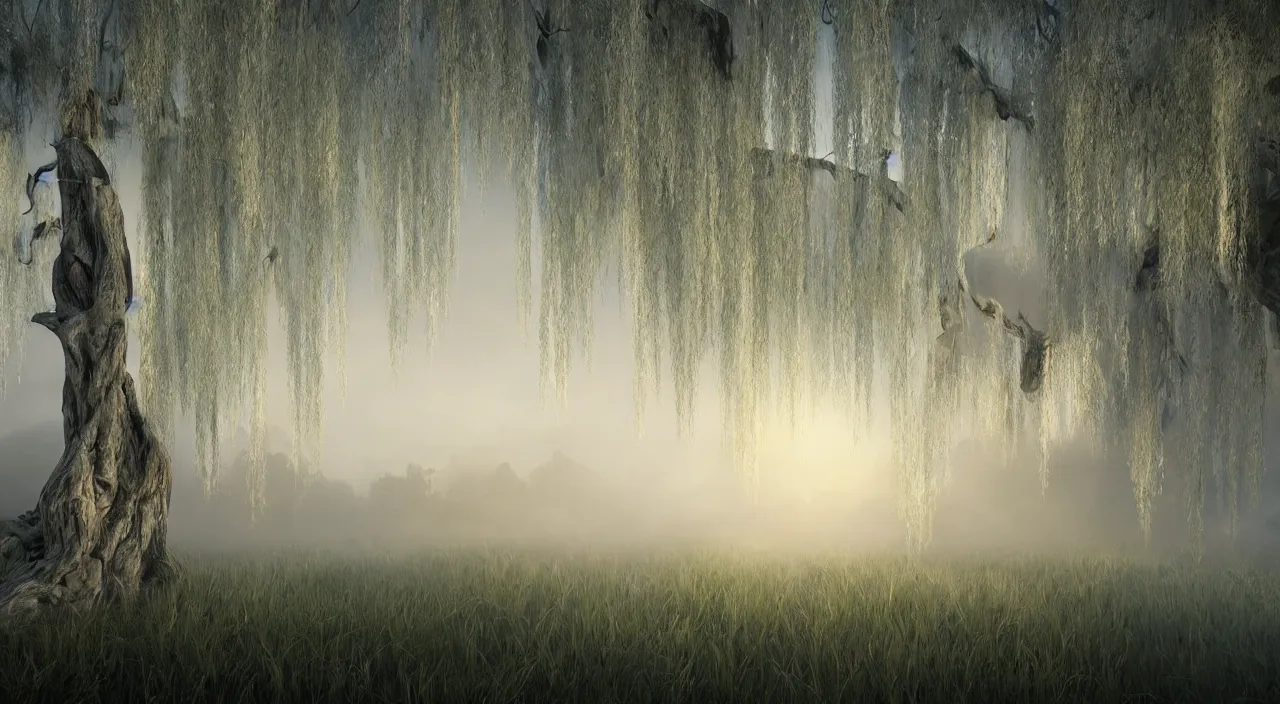 Image similar to photorealistic matte painting misty weeping willow overgrowth undergrowth jagged rock features volumetric fog light rays high contrast dawn mr burns