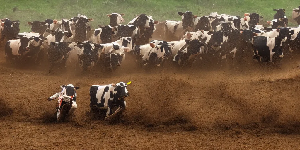 Image similar to a herd of cows, racing on a motocross track