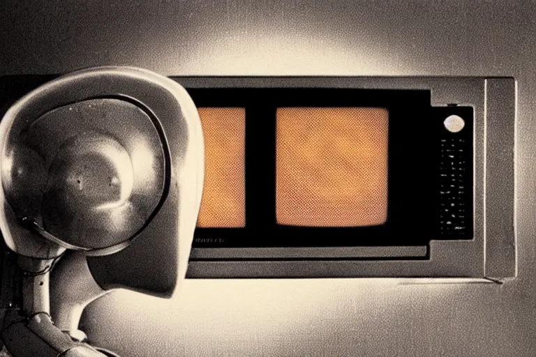 Image similar to retro robot sticking her head inside of a microwave, from 1985, bathed in the glow of a crt television, low-light photograph, in the style of jack bridgeland