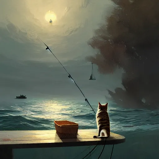 Image similar to fisherman cat, cat fishing from boat, digital art by Greg rutkowski