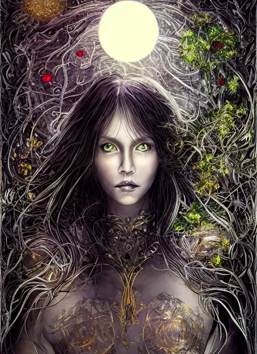 Image similar to glowing silver and golden elements, portrait, A beautiful dark witch in front of the full big moon, book cover, green forest, red white black colors, establishing shot, extremly high detail, foto realistic, cinematic lighting, pen and ink, intricate line drawings, by Yoshitaka Amano, Ruan Jia, Kentaro Miura, Artgerm, post processed, concept art, artstation, matte painting, style by eddie, raphael lacoste, alex ross