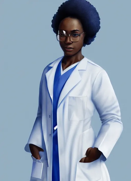 Image similar to full body portrait of young black woman with as a doctor, blue scrubs and white coat, intricate, beautiful and elegant, highly detailed, digital painting, artstation, concept art, smooth, sharp focus, illustration, art by wlop, mars ravelo and greg rutkowski