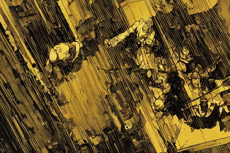 Image similar to extreme closeup of older superhero fighting many people in a staircase, blade runner, akira, ghost in the shell, 2 0 7 7, style of mike mignola + smoke, film grain, golden ratio composition, high detailed + ornate border, 8 k,