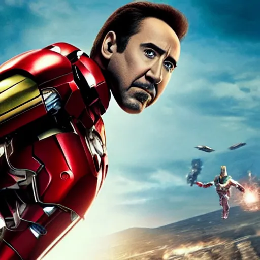 Image similar to promotional image of Nicolas Cage as Iron Man in Iron Man（2008）, he wears Iron Man armor without his face, movie still frame, promotional image, imax 70 mm footage