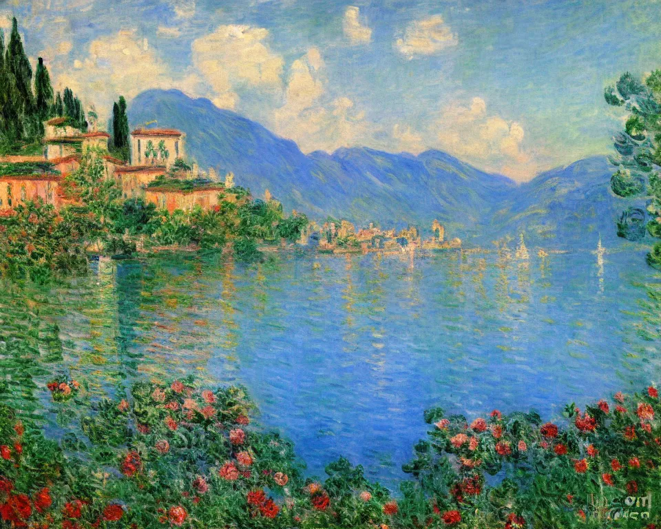 Image similar to beautiful landscape painting of Lake Como featuring a colorful shoreside villa by Monet.