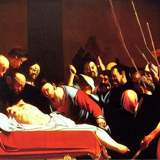 Prompt: king's funeral oil painting by caravaggio