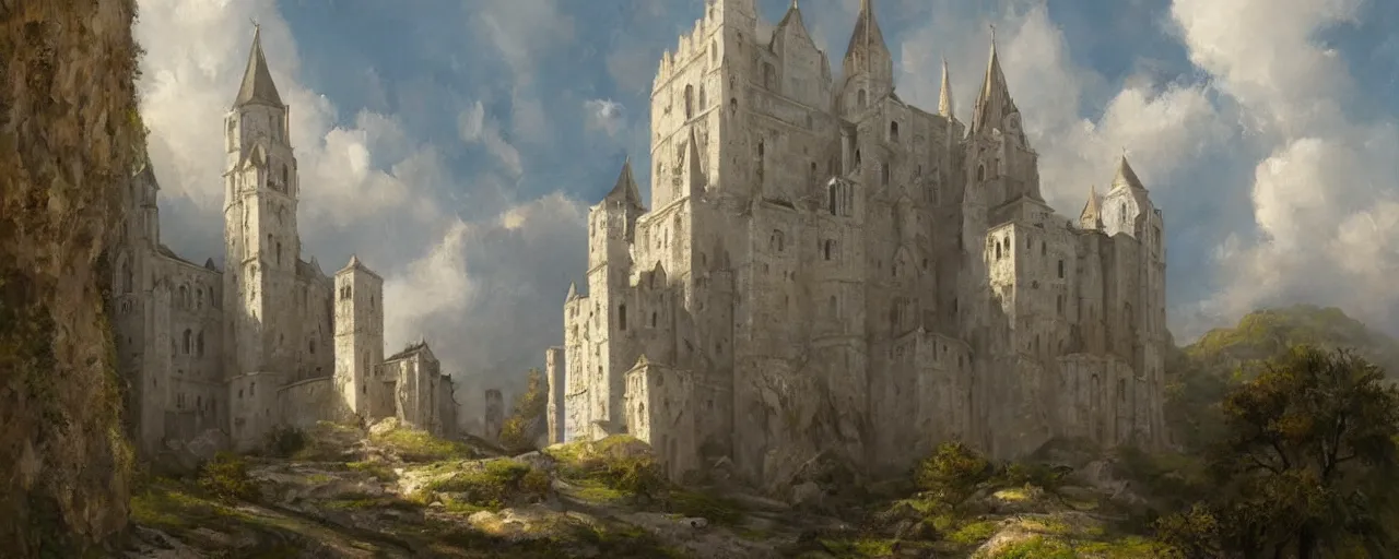 Prompt: white monastery with large tower upon sheer lime cliffs, a ray of sun illuminating, oil painting, high fantasy, extremely detailed