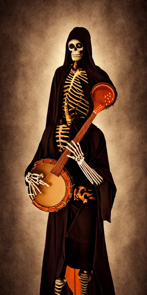 Image similar to cinematic shot epic portrait skeleton wearing a dark robe playing a banjo, hyper realistic, mood lighting, fantasy, detailed face, highly detailed, super realistic, perfect lighting pixel sorting