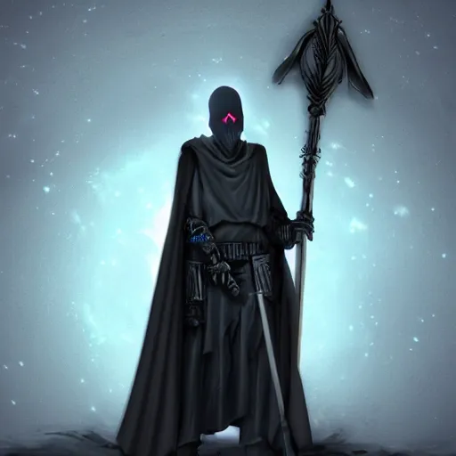 Prompt: a grim reaper with a monitor for a face. the monitor has a blue screen with white letters on it. the cloak is made of smoke with glowing code sprinkled throughout it. the blade of the sickle is a stick of ram. fantasy art