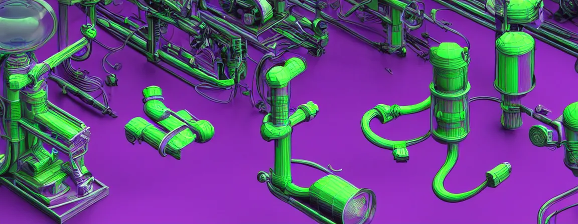 Image similar to a machine for making snake oil, purple and green, highly technical, art by glenn fabry and ed roth, 3 d rendering by beeple, fine detail, 8 k, snake machine