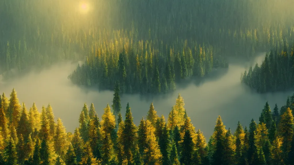 Prompt: beautiful view of a forest from a mountain, river, mountain in the background, misty, golden hour, trending on Artstation, octane render, unreal engine, visually stunning, award winning