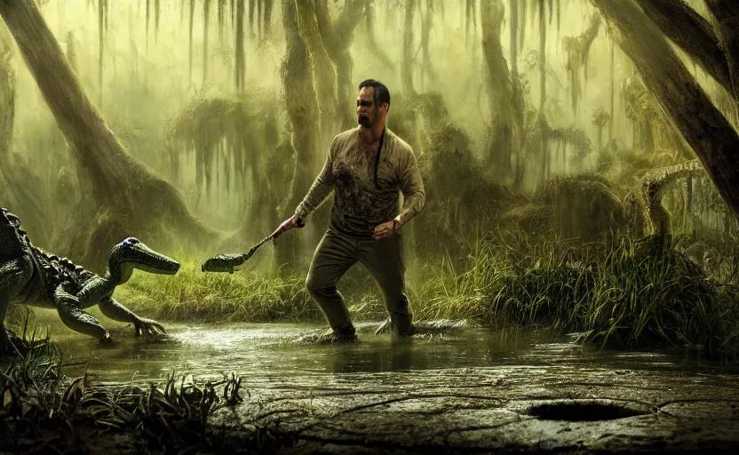 Image similar to a masterpiece of a huge alligator dragging colin farrell into the swamp, cinematic, fantasy, hyper detailed, digital painting, 4 k realistic, trending on artstation, sharp focus, john banovich, photographer art wolfe, light source on left