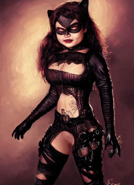 Prompt: A beautiful portrait of Chucky as Catwoman from Batman movie, digital art by Eugene de Blaas and Ross Tran, vibrant color scheme, highly detailed, in the style of romanticism, cinematic, artstation, Greg rutkowski